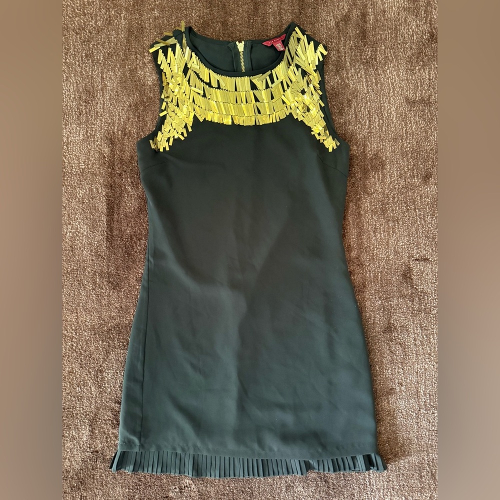 $440 TED BAKER Gold Sequin Embellished Metal Paillettes Little Black Dress Small - Picture 2 of 13